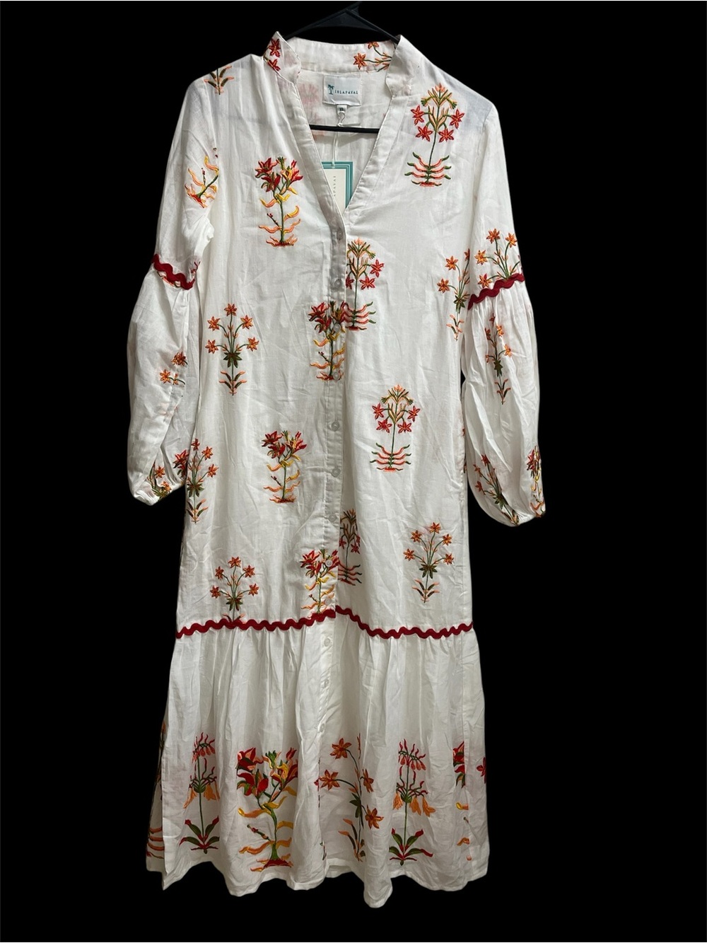 NWT Isla Payal Red Orange Floral Embroidered Bohemian Cotton Maxi Dress SZ XS